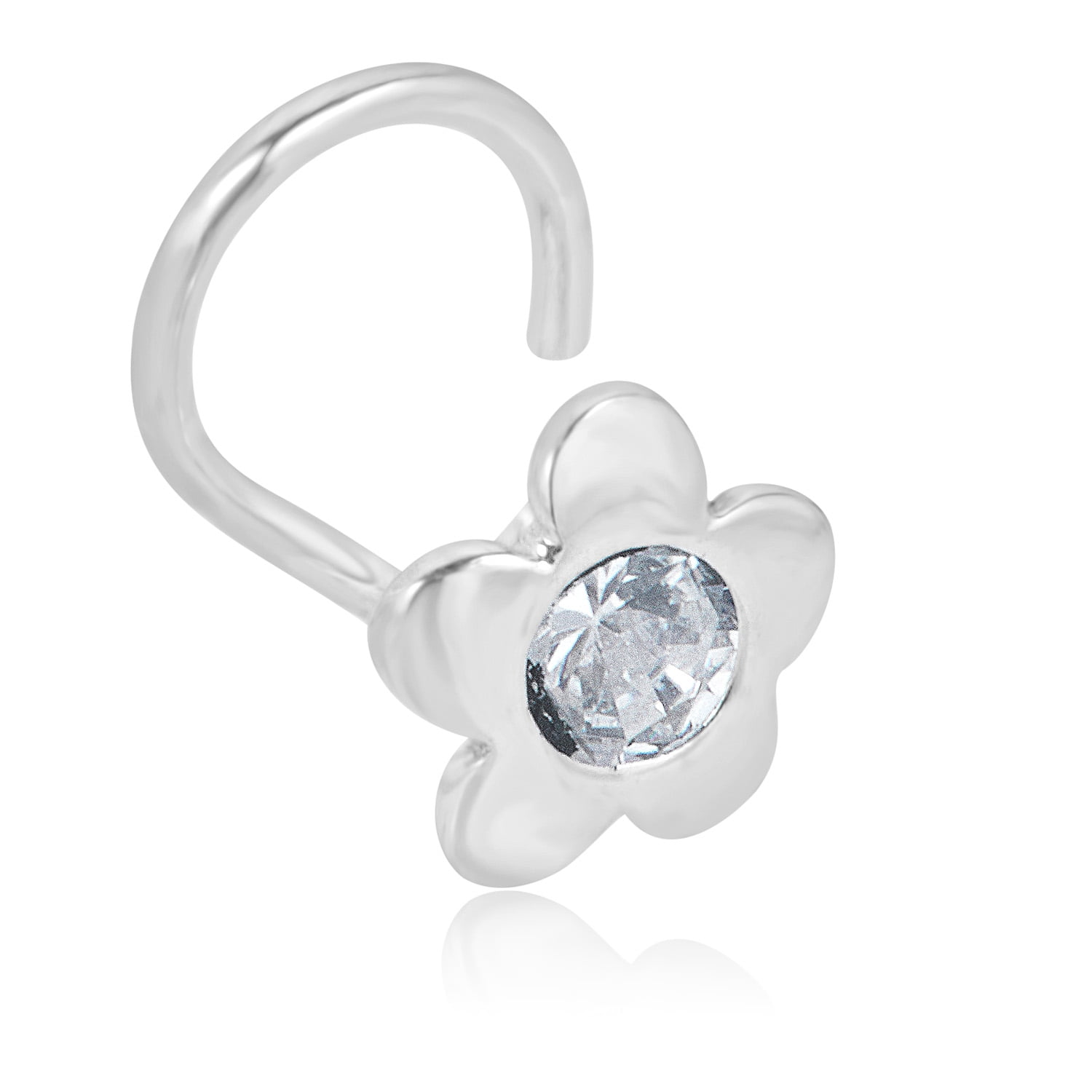 AVORA 14K White Gold Simulated Diamond CZ Flower Curved Nose Ring Twist