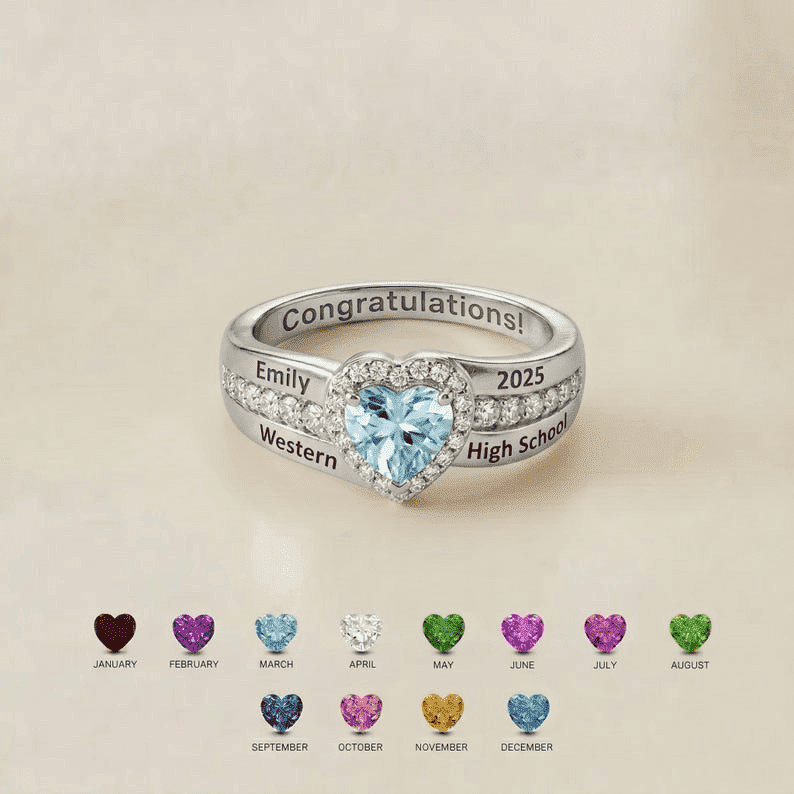 Personalized Heart Graduation Ring | Custom Engraved Birthstone Class Jewelry | Statement Class Ring for Senior