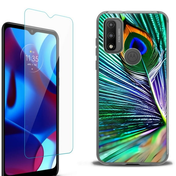 Slim-Fit Fashion Phone Case for Motorola Moto G Pure, with Tempered Glass Screen Protector, by OneToughShield ® - Peacock Feather