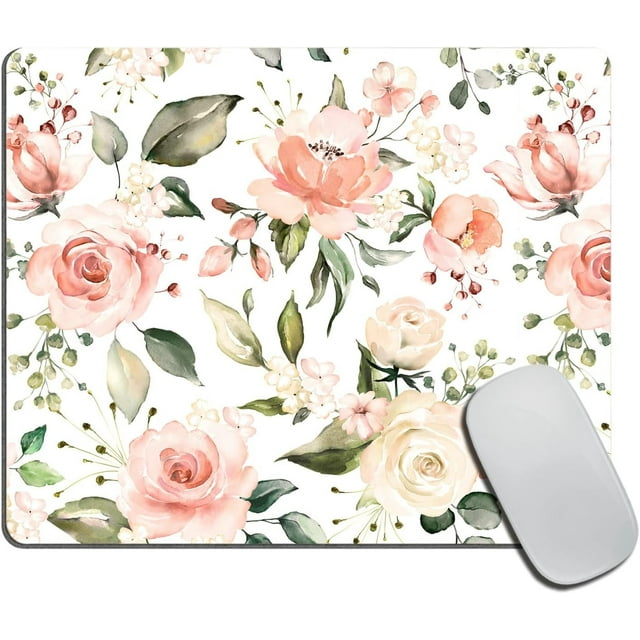 Pink and Green Flowers Mouse Pad 9.5x7.9x0.12 Inch Rectangular Desk Accessories with Floral Roses, Perfect for Home and Office Use, Add a Touch of Elegance