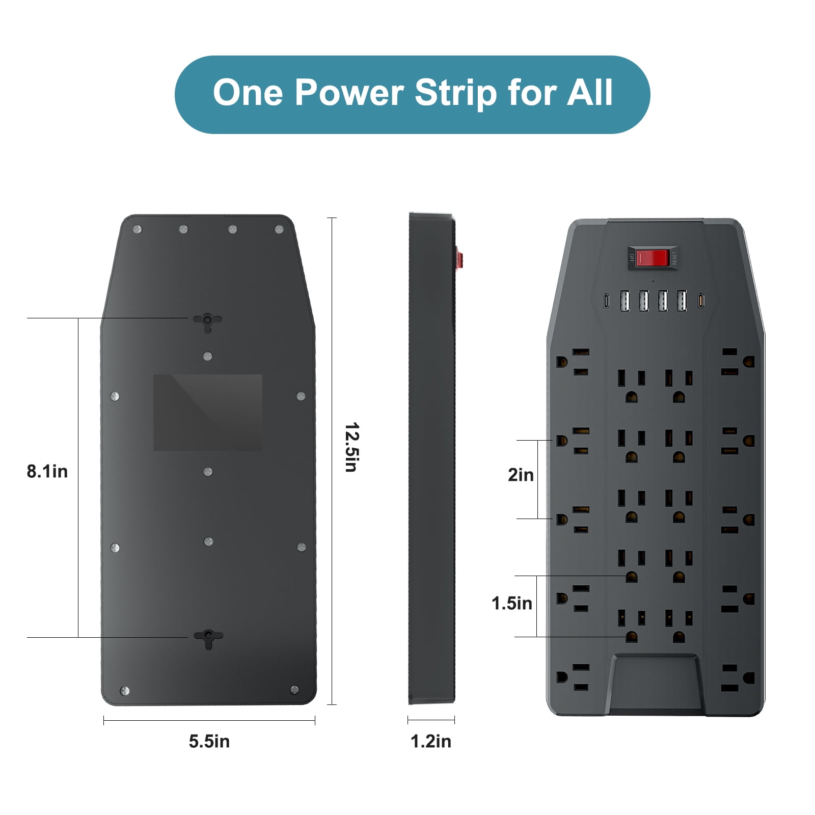 ZHANGONG 2000J Surge Protector Power Strip with 20 Outlets & 6 USB Ports (2 USB-C), 15A 1875W, 6.5ft Extension Cord, Flat Plug, Wall Mountable for Home Office Desk