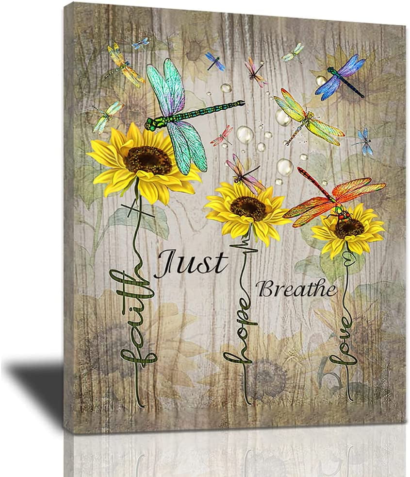 Sunflowers Dragonflies Decor Canvas Wall Art Inspirational Quotes Wall  Decor Vintage Wood Farmhouse Floral Painting Artwork Modern Home  Decorations 12 x 16 in 