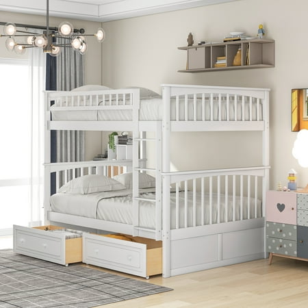 Euroco Pine Wood Bunk Bed with Storage Full-over-Full Two Beds for Kids Teens White
