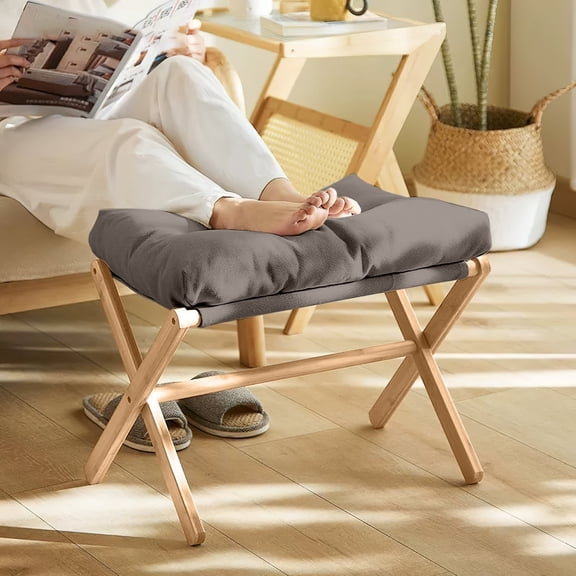VEGCOO Portable Bamboo Footrest Stool, Foldable Ottoman with Velvet Cushion, Natural, Grey, Ideal for Living Room, Bedroom, Office