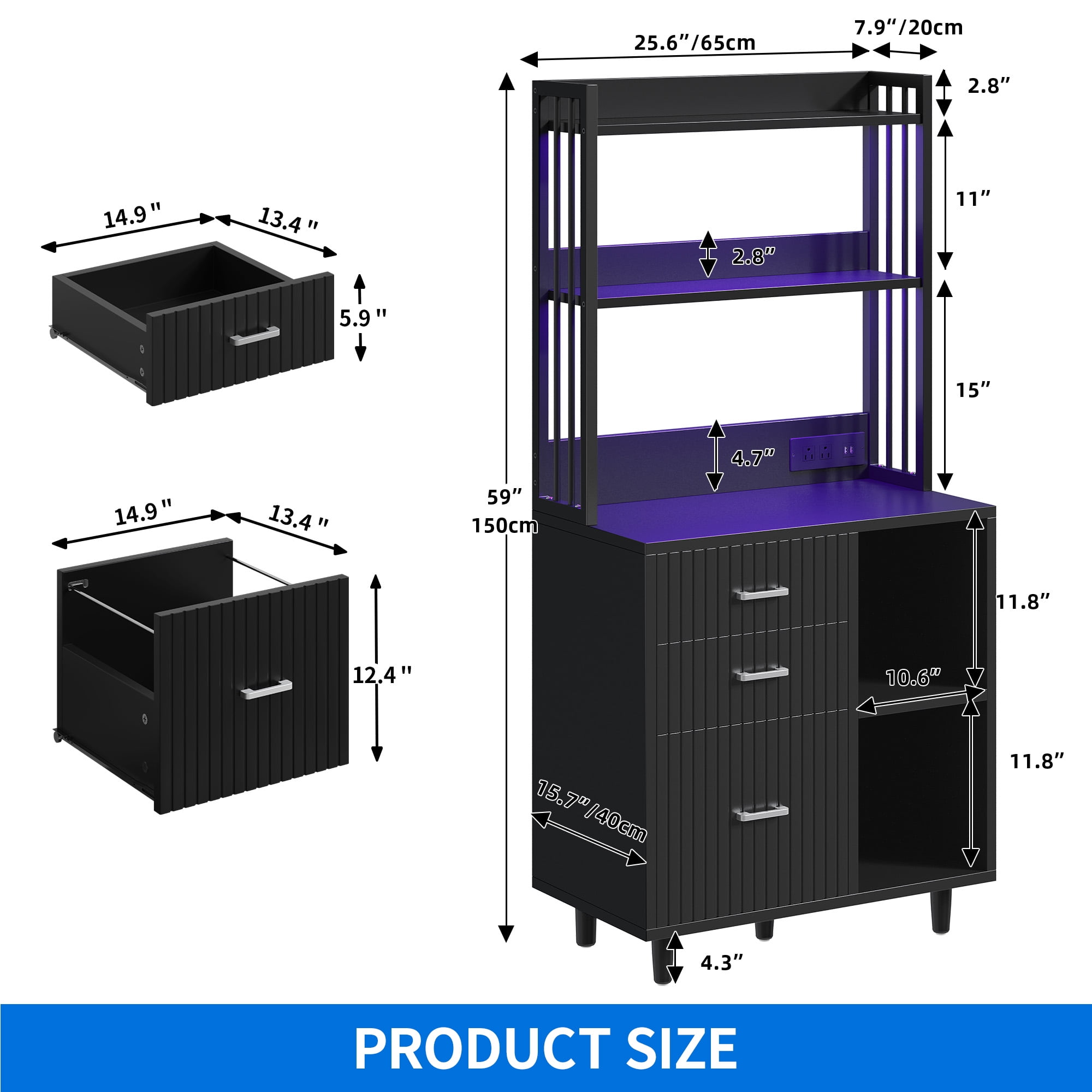 Uforic File Cabinet with 3 Drawer & Open Storage Shelves, Wood File Cabinet with LED Light & Charging Station, Tall Office cabinet with 3 Shelves, Printer Stand for Home Office, Black