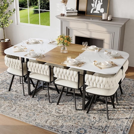 LJAN 9-Piece rectangular Dining Table Set Fixed White Faux Marble & Wood Grain Tabletop with 8 Velvet Chairs Modern Kitchen Table Set for 8 People Ideal for Family Gatherings Dining Room