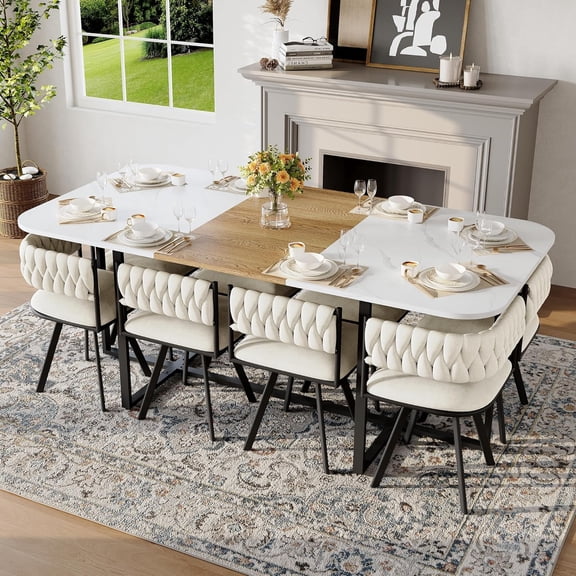 LJAN 9-Piece rectangular Dining Table Set, Fixed White Faux Marble & Wood Grain Tabletop with 8 Velvet Chairs, Modern Kitchen Table Set for 8 People, Ideal for Family Gatherings, Dining Room