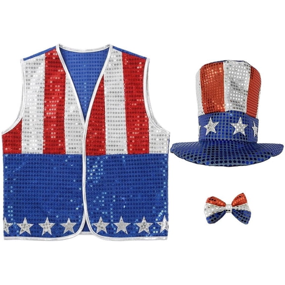 Slccxzc Adult Patriotic 4th Of July Outfit Sets, American Flag Hat Bow Tie Vest Performance Outfit Accessories Set