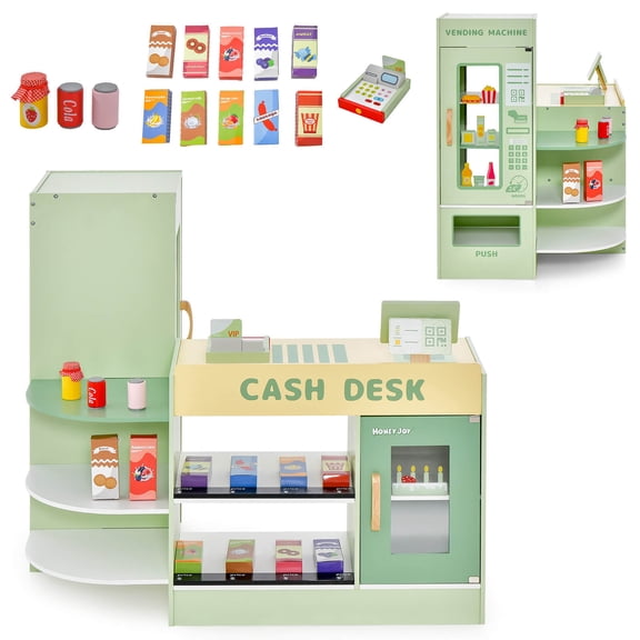Gymax Wooden Supermarket Play Toy Set Kids Grocery Store Playset w/ Checkout Counter
