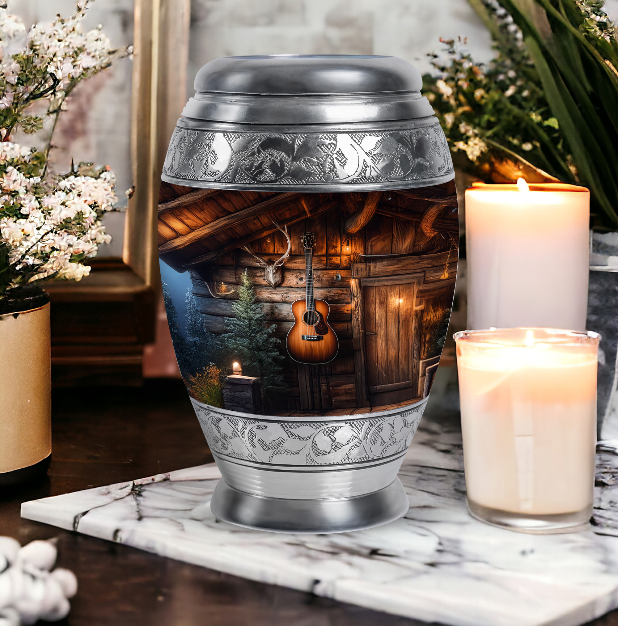 MUKTIVE Guitar Cremation Urns for Human Ashes Adult Male Keepsake - Brown Funeral Urns for Adult Ashes Large Men - Decorative Containers Holder - Remembrance Gifts for Loss (1 Large & 4 Keepsake)