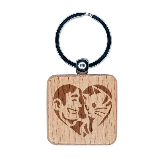 Man with Cat Kitten Pet in Heart Square Keychain Charm Tag - Engraved Wood