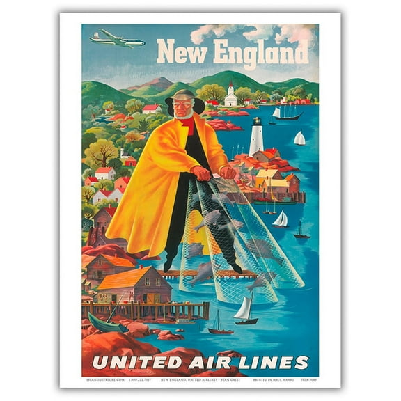 New England - Fishing - United Air Lines - Vintage Airline Travel Poster by Joseph Fehér c.1940 - Master Art Print (Unframed) 9in x 12in