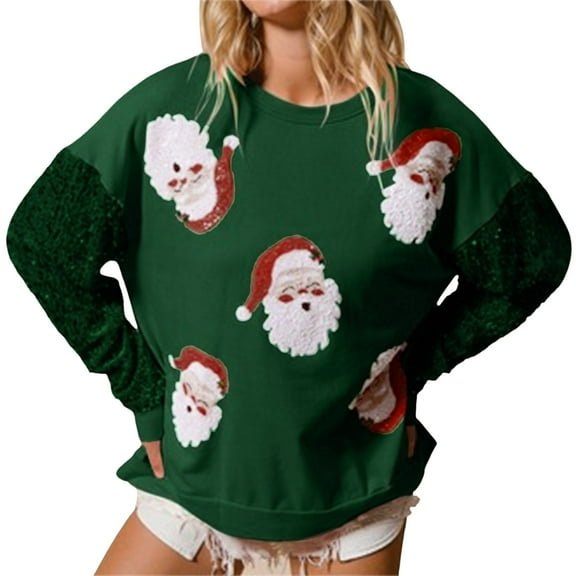 Fshinging Women's Fashion Hoodies & Sweatshirts Christmas Sequin Santa Claus Print Patchwork Long Sleeve Sweater Lightweight Outfit