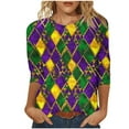 thumbnail image 2 of YOIAVAIOY Women Mardi Gras T-Shirt 3/4 Sleeve Mask Graphic Tops Round Neck Casual Holiday Party Blouse Purple L, 2 of 5