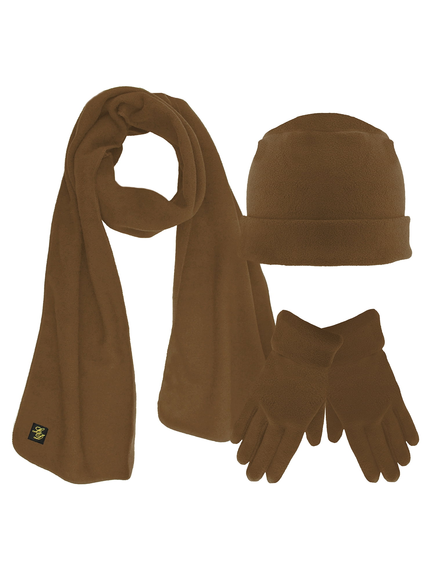 Gold Metal Matching Set 1 Fleece Pair Of Gloves 1 Scarf & 1 Hat TAN SZ Medium 
