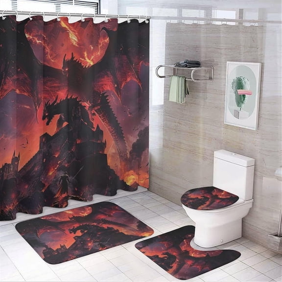 Watercolor Castle Magic Dragon 4 Pcs Waterproof Shower Curtain Set,Vintage Western Mid Century Architecture Anime Dragon with Waterproof Toilet Cover Shower Mat Rugs