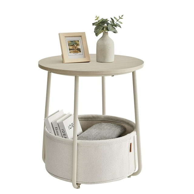 Mesa auxiliar VASAGLE redonda pequeña con cesta de tela, color crema