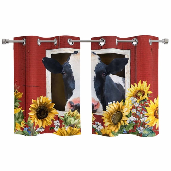 Cow Sunflowers Kitchen Curtains Window Panels, Botanical Floral Leaves Bees Farm Barn Insulated Window Treatment Curtain, Grommet Curtains for Bedroom/Living Room/Bathroom, 2 Piece 27.5"Wx39"L