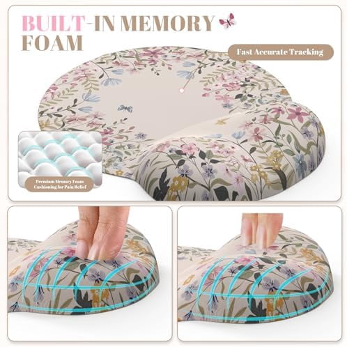 Tekola Desk Mat Set,Large Mouse Pad with Wrist Rest,Ergonomic Keyboard Wrist Support for Women,Girly Floral Computer Mat with Scalloped Edges,Non-Slip Desk Pad Home Office Gaming (Beige)