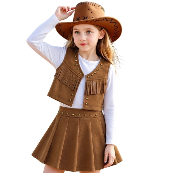 XFeng.Girls 3 Piece Western Outfit Set, Long Sleeve Shirt Sleeveless Vest Pleated Skirt Kids Cowboy Matching Clothes.Coffee.100