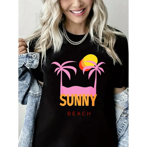 Crewneck Tshirt Sunny Beach Print Short Sleeve Shirt for Women