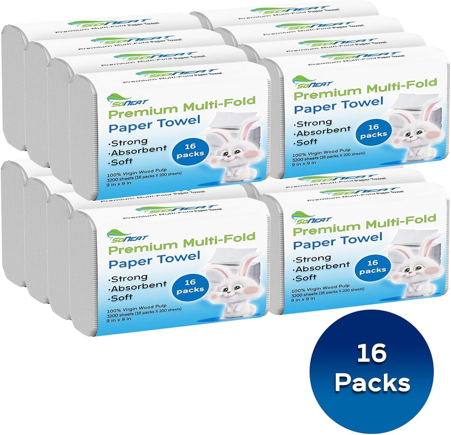 SoNeat Multifold Paper Towels, 3200 Sheets, 200 Count Per Pack Disposable Hand Towels for Bathroom, Commercial, Household, and Public Facilities, 100% Virgin Wood Pulp, 16 Packs