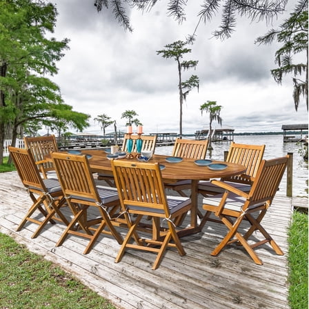9 Piece Teak Wood Santa Barbara Outdoor Patio Dining Set with Oval Extension Table, 2 Folding Arm Chairs and 6 Folding Side Chairs
