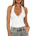 thumbnail image 3 of Women Deep V Neck Lace Trim Bow-Tie Halter Top Slim Fit Sleeveless Ruched Colorblock Ribbed Knit Crop Top White XS, 3 of 10