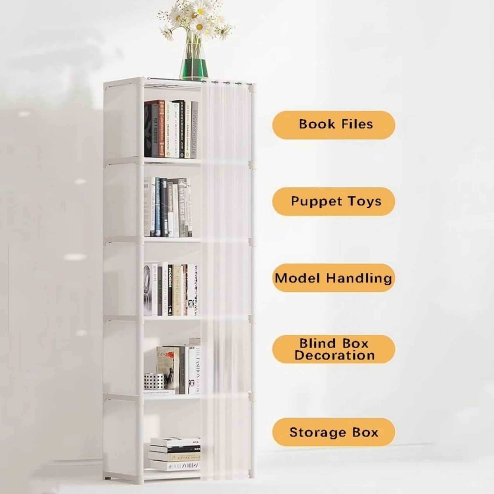 5 Tier Freestanding Bookcase with Curtain, 10 Grid Open Bookshelf Storage Organizer, Tall Display Shelf for Bedroom Living Room Office, White