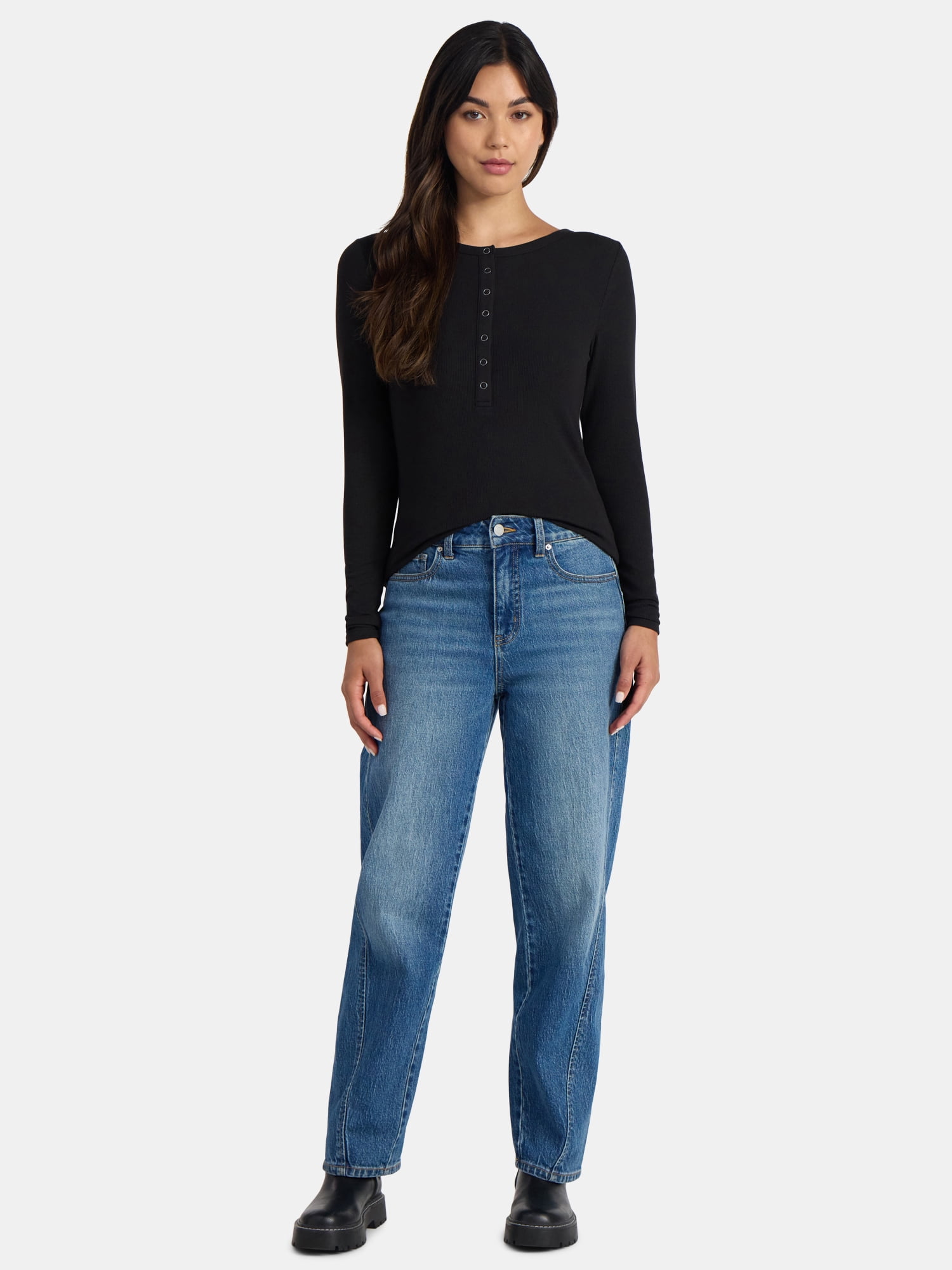 Time and Tru Women's Ribbed Henley Shirt with Long Sleeves, Sizes XS-XXXL
