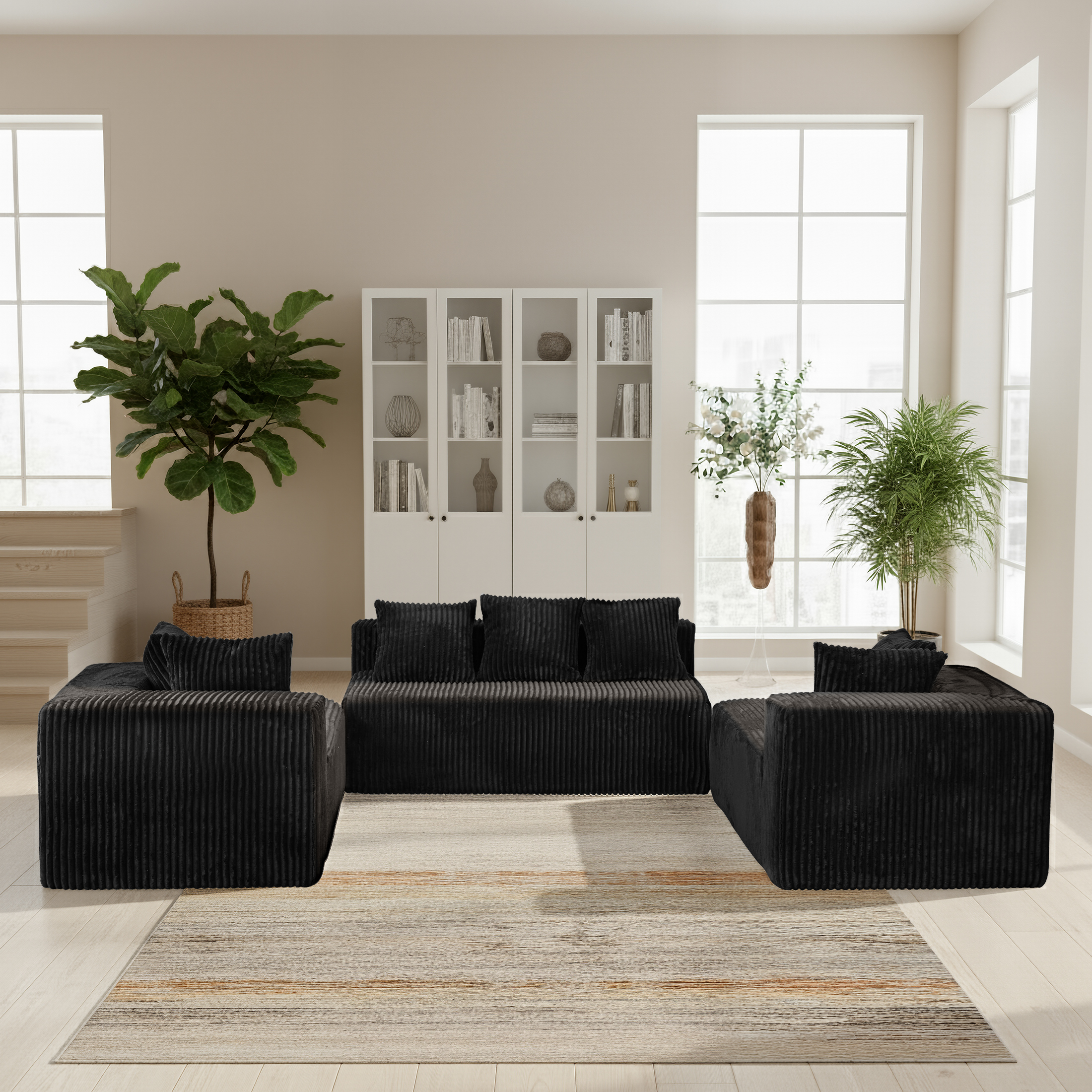 SEENYOO 130"Cloud Sectional Couch,Modular U Shaped Couch with Ottoman, No Assembly Required,Plush Corduroy Sofa with Deep Seat for Living Room,Black