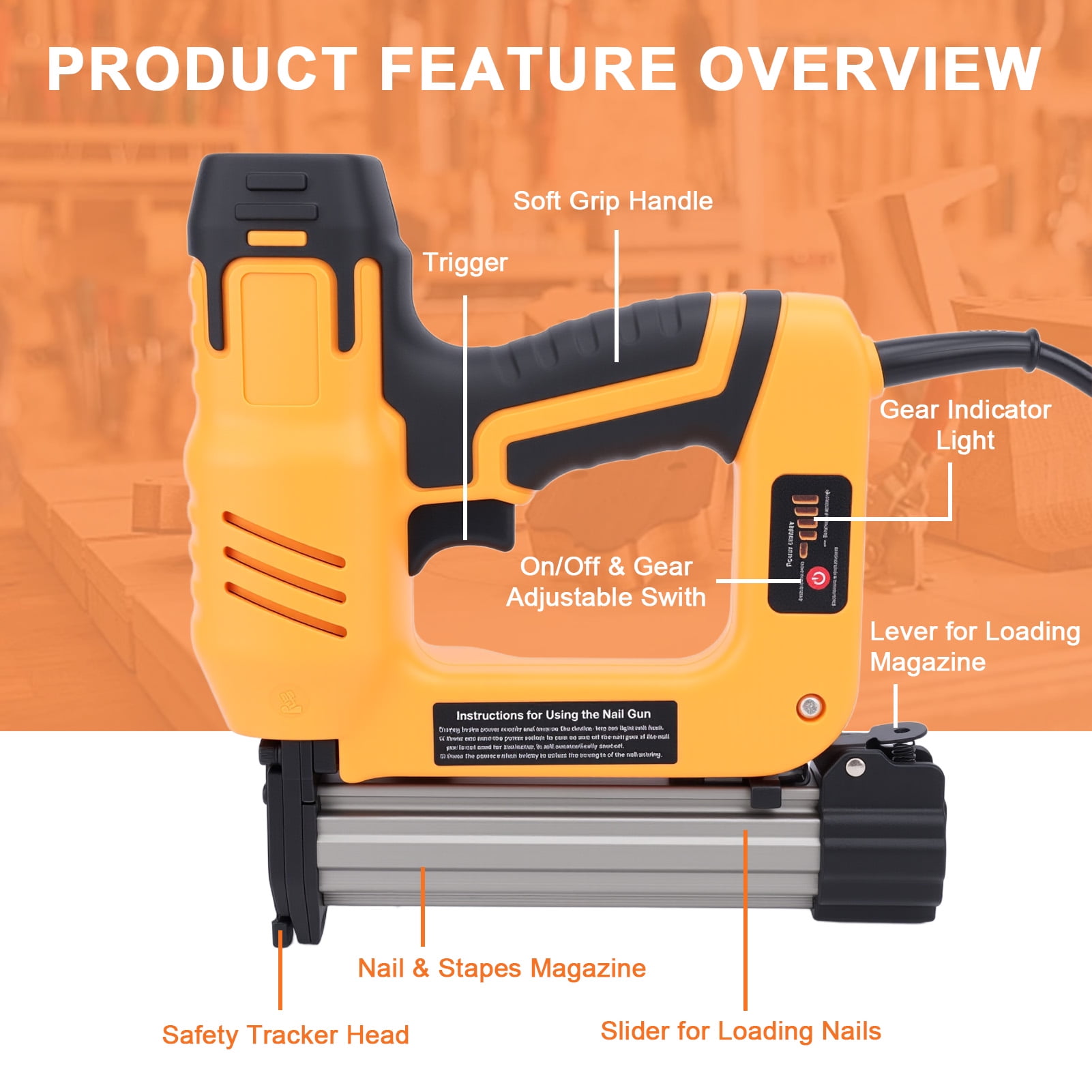 18GA 2-in-1 Electric Brad Nailer/Stapler,4 Level Adjustable Electric Nail Gun Gun for Upholstery, Carpentry and Woodworking Projects