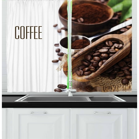 Coffee Curtains 2 Panels Set, Bean and Ground Plants Filter Coffee Equipment Caffeine Addiction and Tropic Taste, Window Drapes for Living Room Bedroom, 55W X 39L Inches, Brown Green, by