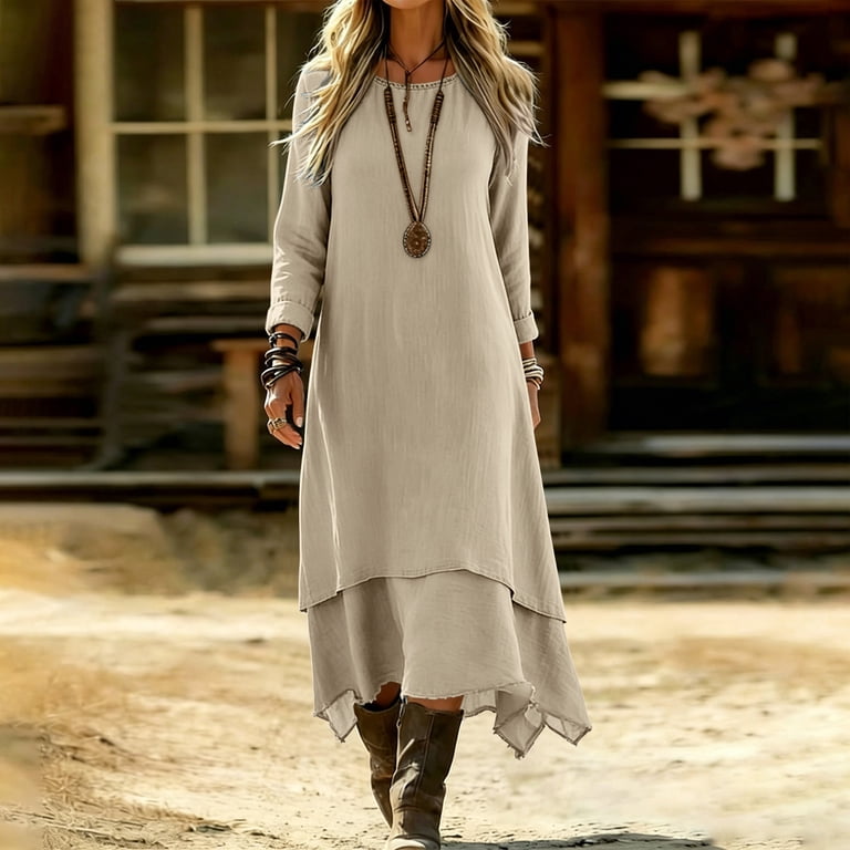 Uscallm Women's Maxi Dresses Round Neck 3/4 Sleeve High Low Flowy Casual Loose Boho Beach Vacation Dress, Khaki L, Size: Large, Brown