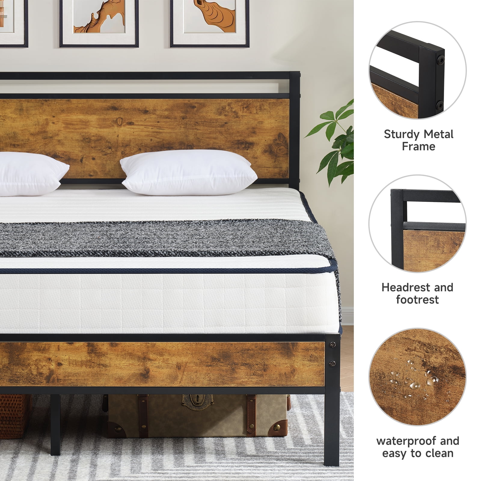 Z-HOM,Metal Platform Bed Frame with Wooden Headboard and Footboard, Twin Size