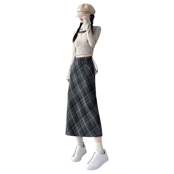 KHONTS Women’s Casual Basic Plaid Skirt High Waist A-Line Vintage Slim Fit Spring Casual Skirts Dark Gray XL