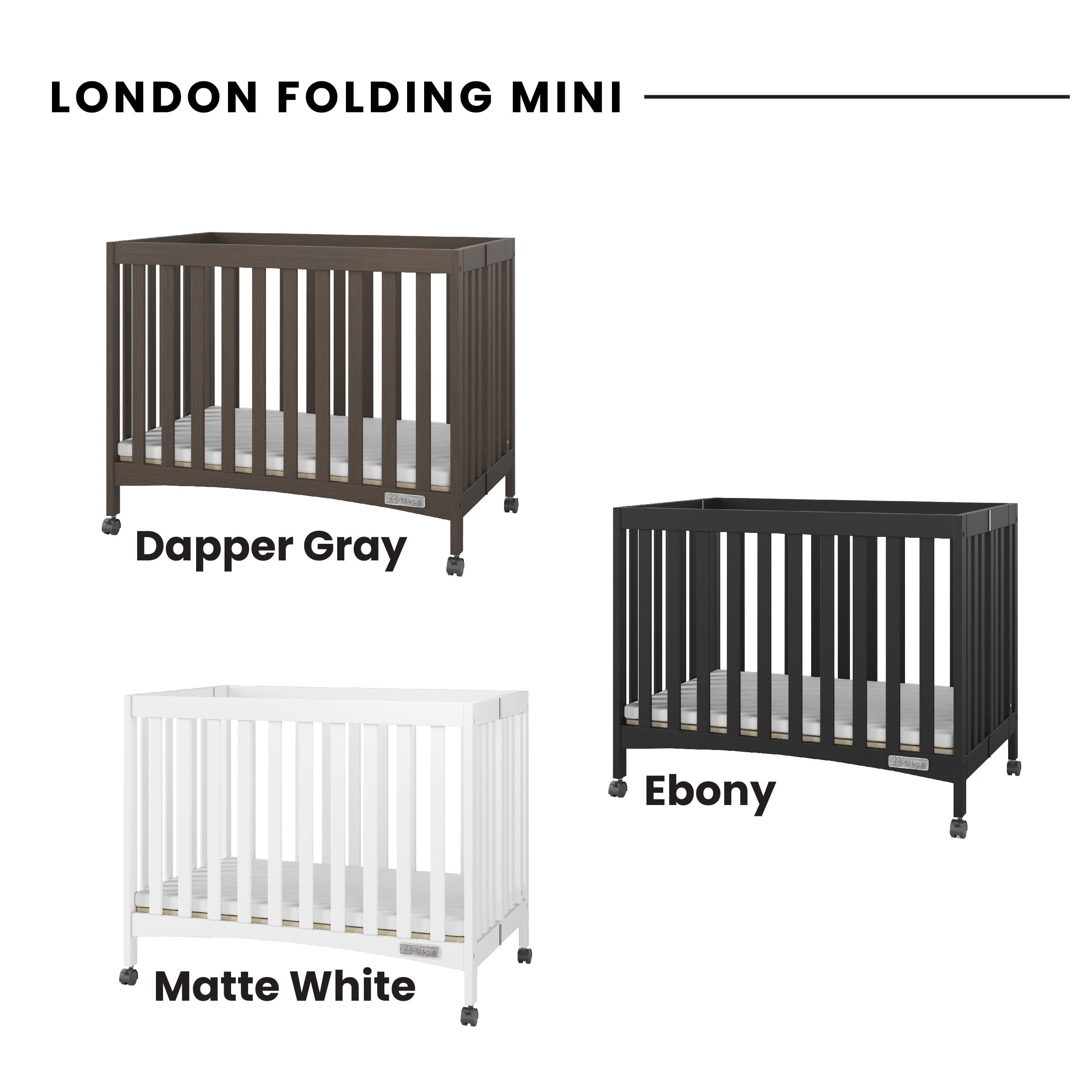 Child Craft London Folding Portable Mini Crib with 2-inch Mattress, Dapper Gray