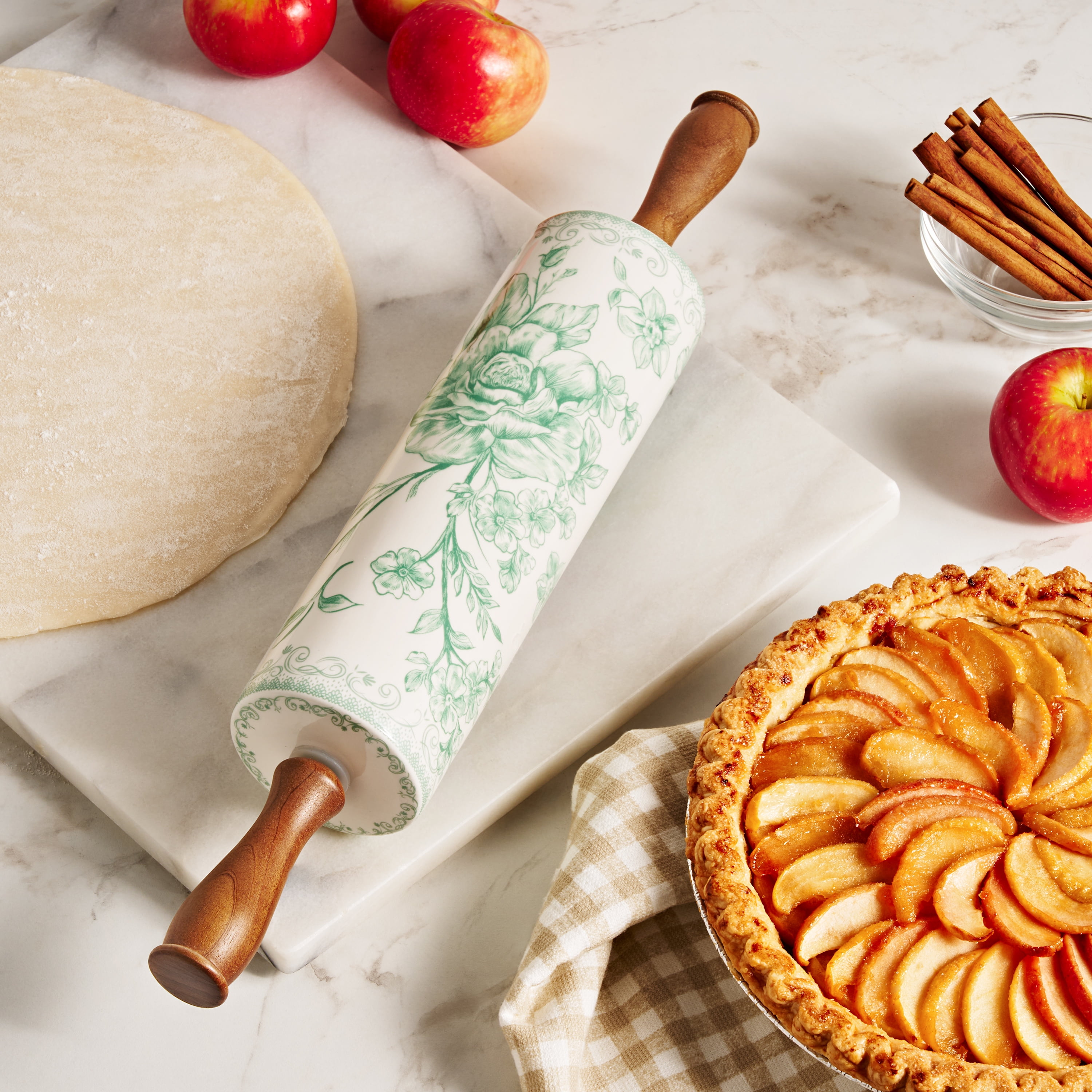 The Pioneer Woman Agatha Ceramic Rolling Pin with Wood Handles, Green