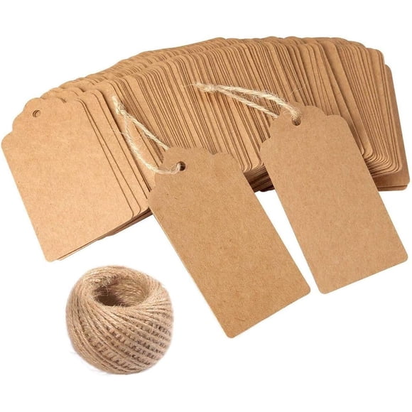 Etiqueta para Regalo 100 Piezas Etiquetas Papel Kraft, Rectángulo Craft Etiquetas Decorativas con Cuerda de Yute, Etiqueta carton colgantes de regalo