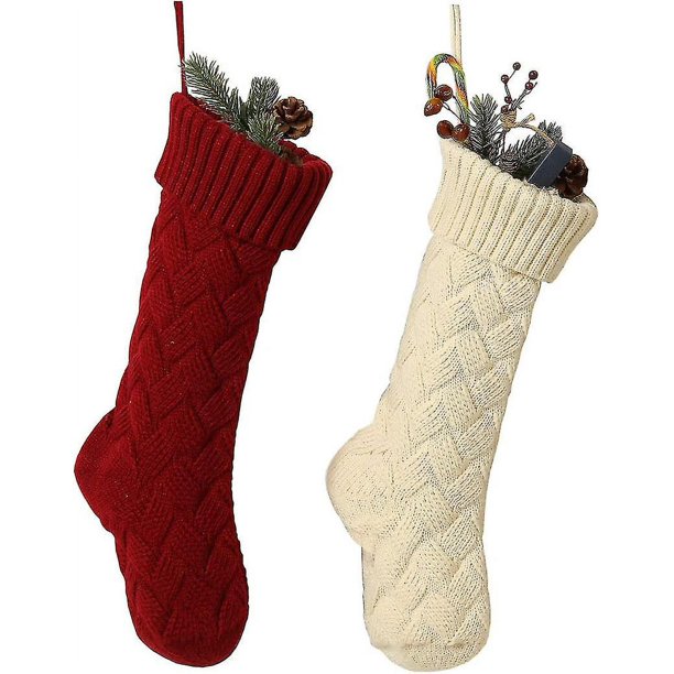 Medias navideñas, medias navideñas tejidas con cables, bolsas colgantes tradicionales, adornos para decoraciones de fiestas familiares (2 piezas, rojo+blanco)
