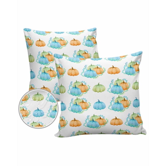 Pack of 2 Outdoor Pillow Covers, Fall Autumn Orange Blue Green Pumpkin Waterproof Square Throw Pillowcase Cushion Decorative Pillow Covers for Couch Patio Tent, 20x20 in