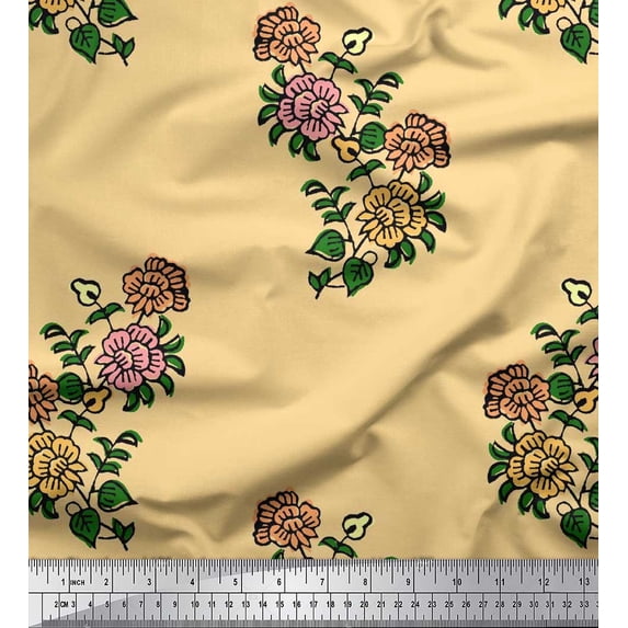 Soimoi Polyester Crepe Fabric Leaves & Floral Block Printed Fabric 1 Yard 42 Inch Wide