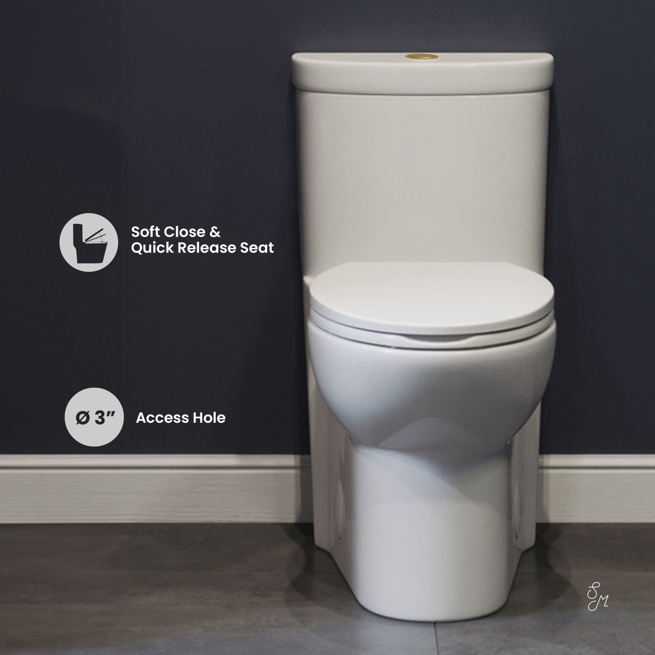 Sublime One Piece Elongated Toilet Dual Flush, Brushed Gold Hardware 1.1/1.6 gpf