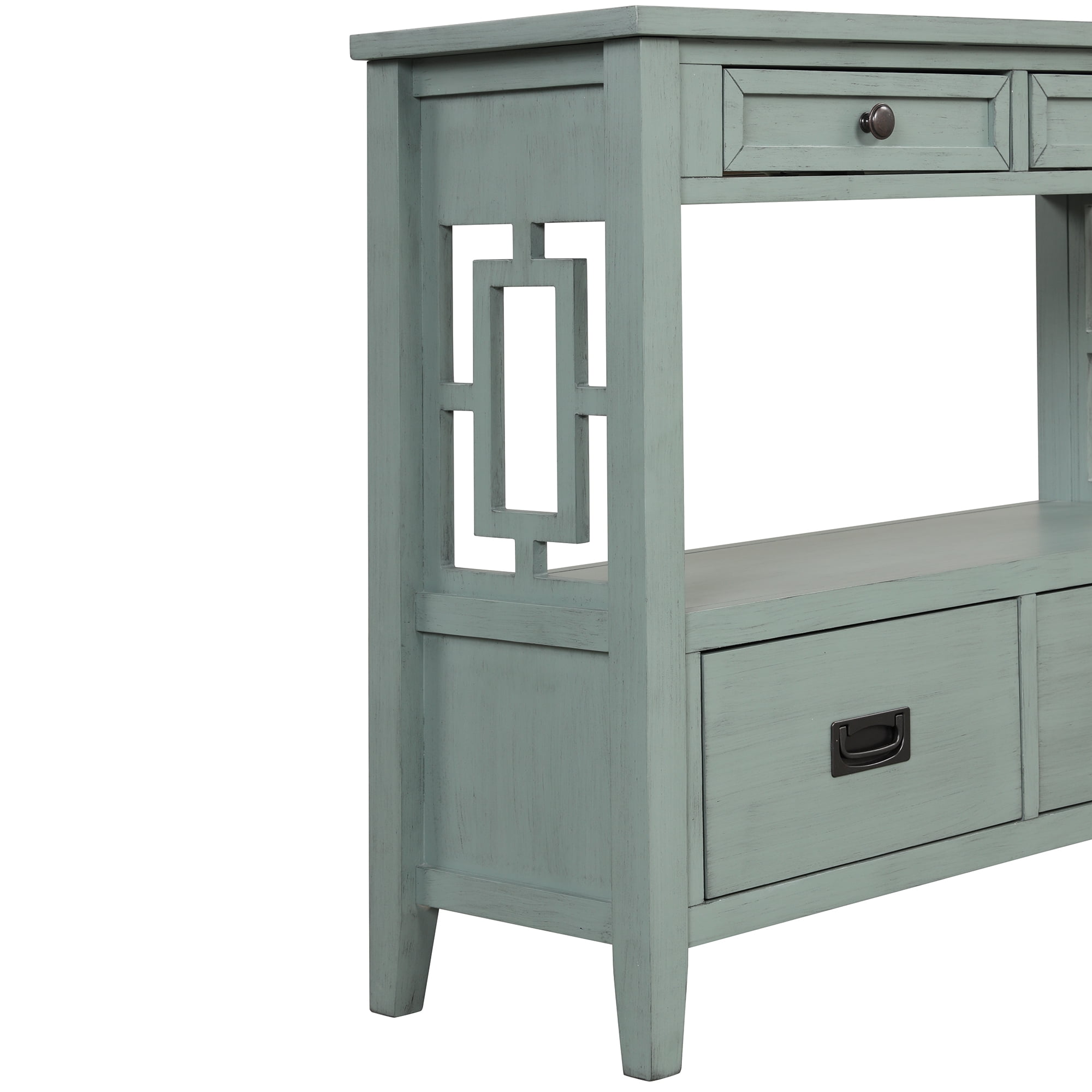 36 Inch Farmhouse Pine Wood Console Table, Entryway Sofa Table with 4 Drawers & Open Storage Shelf, Solid Pine Frame for Living Room Hallway Bedroom Kitchen, 99LBS Tabletop Capacity