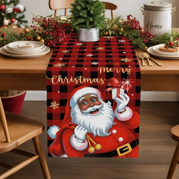 Black Santa Claus Merry Christmas Table Runner 13x108 Inch Xmas Snowflake Red Plaid Table Runners Dresser Scarves Winter Holiday Kitchen Dining Table Decoration for Home Party Indoor