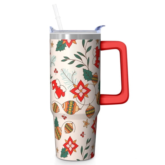 30oz Christmas Ornaments Tumbler with Lid and Straw, Stainless Steel Cup with Handle Reindeer Travel Mug, Holiday Presents