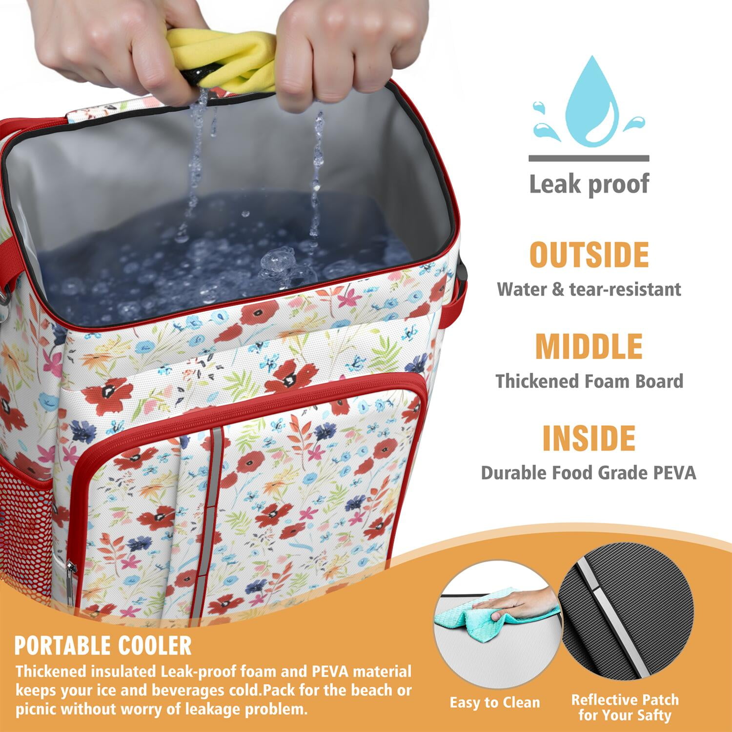 Travel Cooler Bag - Pioneer Flower Floral Print Pattern Camping Beer Cooler Backpack with Bottle Opener- Waterproof Insulated Picnic Backpacks - Cooler Bag for Beach