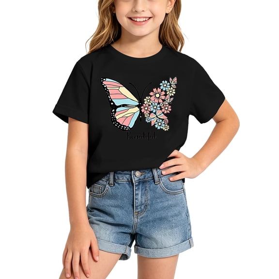 Landzoo Toddler Girls Shirt Butterfly Print Short Sleeve Crew Neck Tees Summer Breathable Girls T-Shirt Size 2-4 Years Black