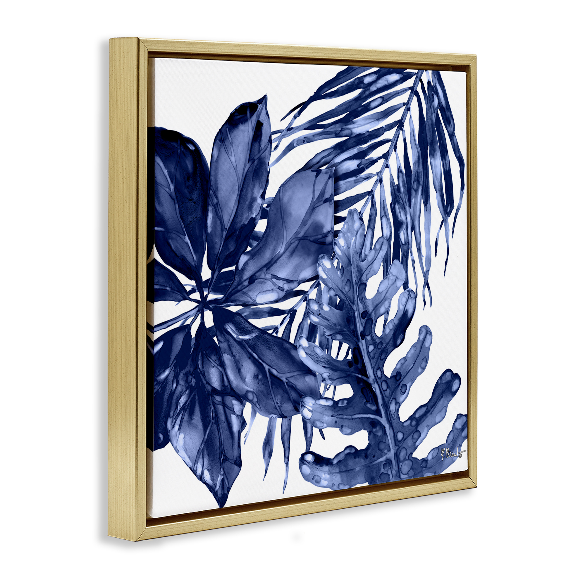 Stupell Industries Blue Hued Plant Leaves Botanical & Floral Painting Gold Floater Framed Canvas Art Print Wall Art, 25 x 25