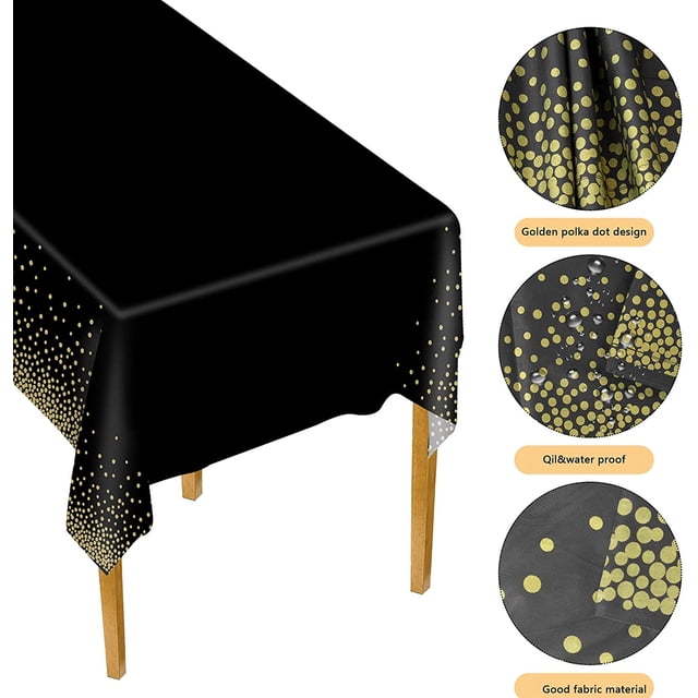 ShenMo 2PCS Gold Polka Dot Tablecloth, Party Tablecloths, 137x274 cm Rectangular Tablecloth, Reusable Table Covers, Waterproof Tablecloth, Plastic Tablecloths, Party Table Cloth Covers (Black)